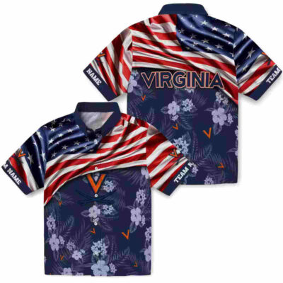 Customized US Flag Hibiscus Blue Virginia Cavaliers Hawaiian Shirt