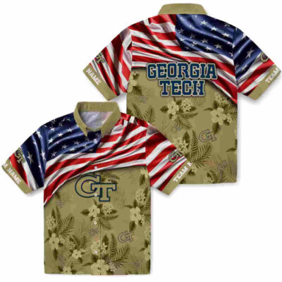 Customized US Flag Hibiscus Gold Georgia Tech Yellow Jackets Hawaiian Shirt