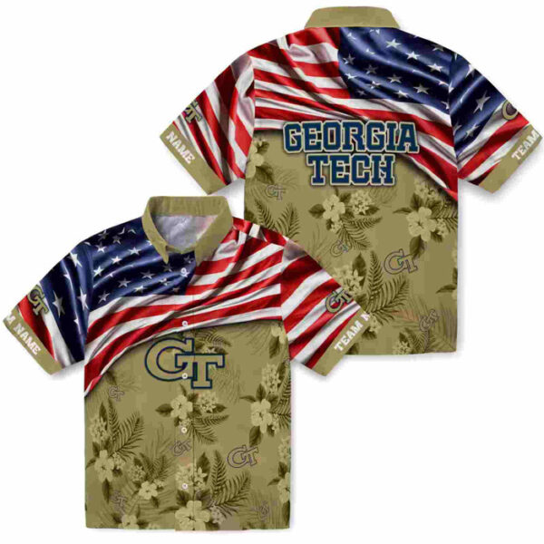 Customized US Flag Hibiscus Gold Georgia Tech Yellow Jackets Hawaiian Shirt