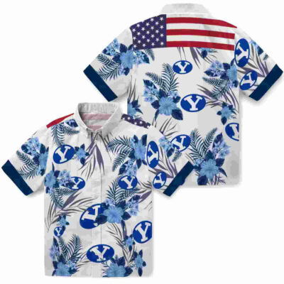 Patriotic Hibiscus Design Blue White BYU Cougars Hawaiian Shirt