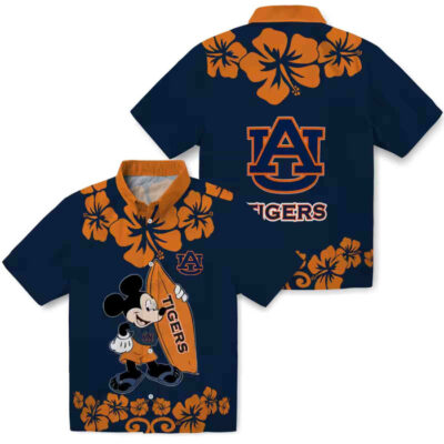 Surfing Mickey Navy Blue Auburn Tigers Hawaiian Shirt