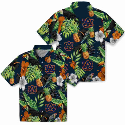 Toucan Hibiscus Pineapple Navy Blue Green Auburn Tigers Hawaiian Shirt