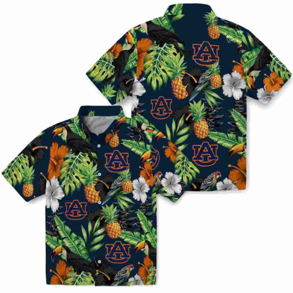 Toucan Hibiscus Pineapple Navy Blue Green Auburn Tigers Hawaiian Shirt
