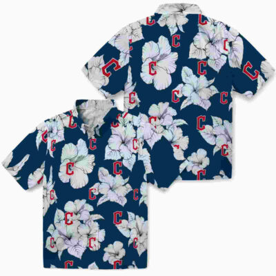 Hibiscus Blooms Navy Blue White Cleveland Guardians Hawaiian Shirt
