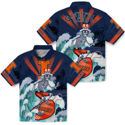 Customized Surfing Skeleton Blue Illinois Fighting Illini Hawaiian Shirt