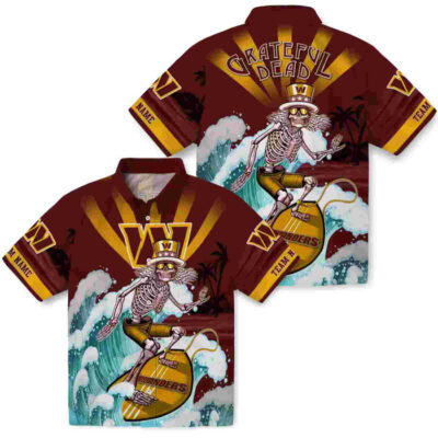 Customized Surfing Skeleton Burgundy Blue Washington Commanders Hawaiian Shirt