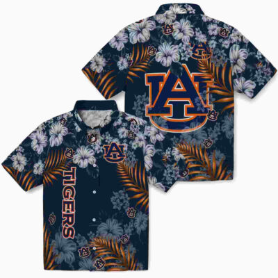 Hibiscus Print Navy Blue Auburn Tigers Hawaiian Shirt